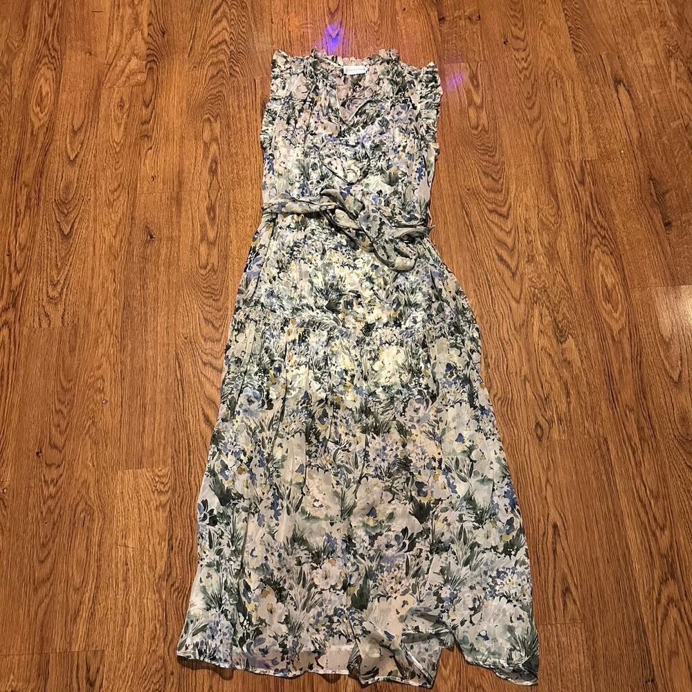 Christy Lynn white green short sleeve maxi lined dress size small 100% silk